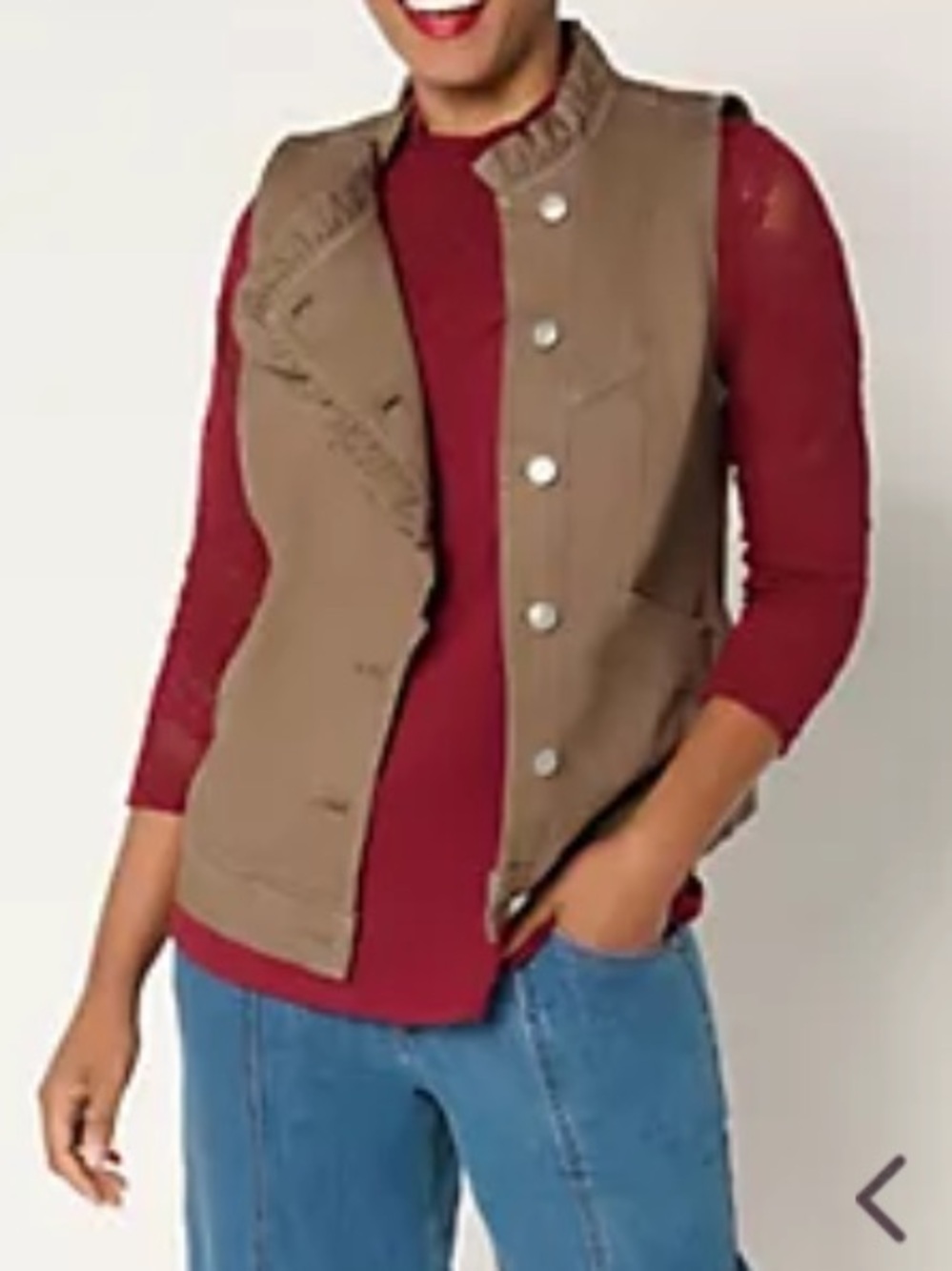 LOGO by Lori Goldstein Brown Ruffled Collar Denim Vest SU1